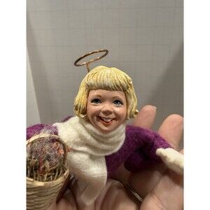 Simpich Vintage Handmade Blond Angel Holding Basket Purple Outfit Christmas